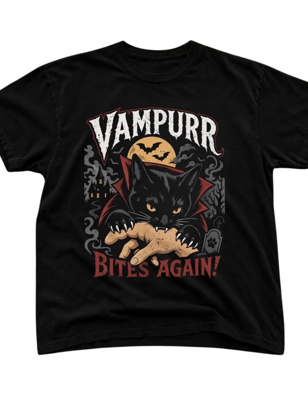 Black Vampire Cat Graphic Tee with Red Accents